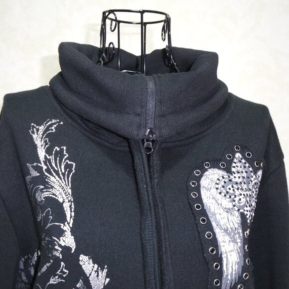 SOHO BABE Black Cowl Neck Full Zip Silver Fleur De Lis Sweatshirt L - Picture 8 of 17
